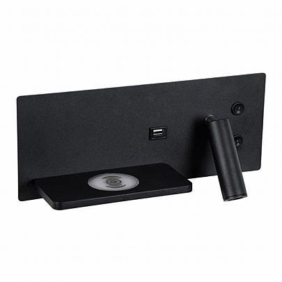 PALADIN Μαύρο Αριστερό Φωτιστικό Τοίχου 6W Reading Light & Κρυφός Φωτισμός - Φορτιστή USB 3A & Wireless 20W Φυσικό Λευκό Φως