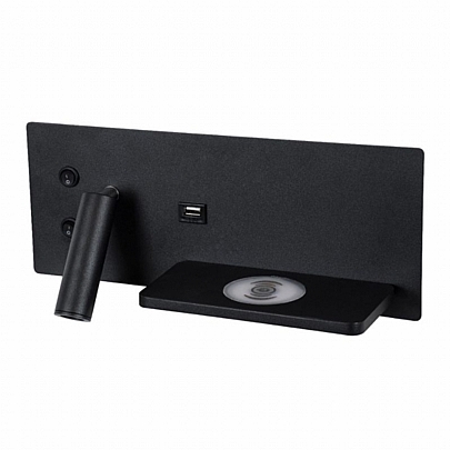 PALADIN Μαύρο Δεξί Φωτιστικό Τοίχου 6W Reading Light & Κρυφός Φωτισμός - Φορτιστή USB 3A & Wireless 20W Φυσικό Λευκό Φως
