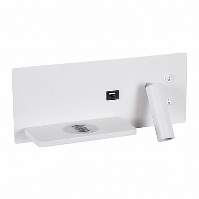 PALADIN Λευκό Αριστερό Φωτιστικό Τοίχου 6W Reading Light & Κρυφός Φωτισμός - Φορτιστή USB 3A & Wireless 20W Φυσικό Λευκό Φως