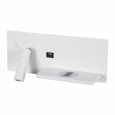 PALADIN Λευκό Δεξί Φωτιστικό Τοίχου 6W Reading Light & Κρυφός Φωτισμός - Φορτιστή USB 3A & Wireless 20W Φυσικό Λευκό Φως