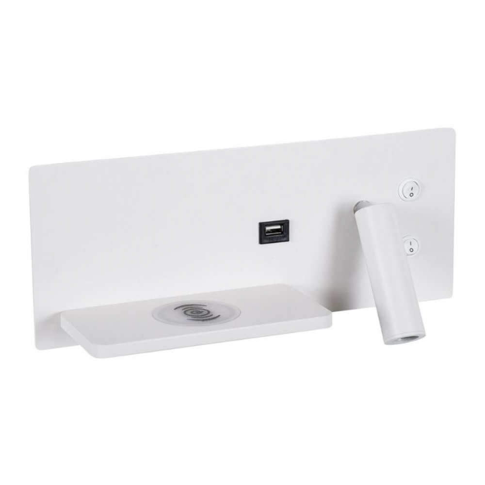 PALADIN Λευκό Αριστερό Φωτιστικό Τοίχου 6W Reading Light & Κρυφός Φωτισμός - Φορτιστή USB 3A & Wireless 20W Φυσικό Λευκό Φως